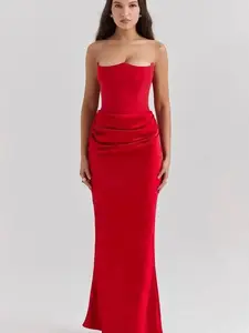 2026 New Red Strapless Corset Sexy Slim Mermaid Tail Long Solid Color Dress Women Elegant Evening