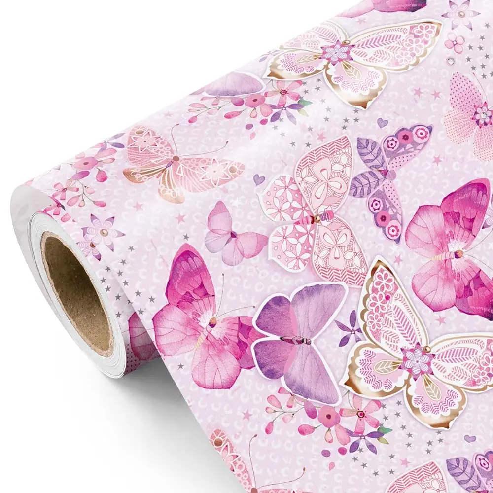 WRAPAHOLIC Floral Butterfly Wrapping Paper Roll Elegant Flower, Wildflower and Holographic Butterfly Design Gift Wrap Paper for Girls Women Birthday, Wedding, Bridal Shower, Mother's Day, Spring Party Celebration, - Mini Roll - 17 Inch x 9.8 Feet -
