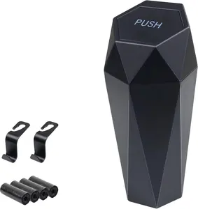 Lidded Compact Diamond-Shaped Trash Can - 7.5x2.6x2.6" ABS Plastic Car Interior Accessory for Women, 2 ABS Hooks & 60pc Trash Bag Set, Black Organizer for Home