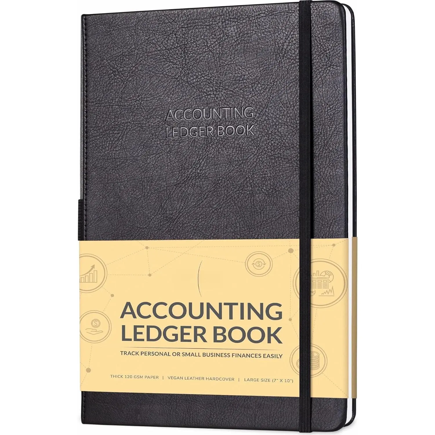 Eco-Leather Hardcover Columnar Accounting Book - Pre-Printed Pages, Thick 120gsm Paper, Sturdy Elastic Closure, Note Pocket, Ribbon Bookmark, 7x10in, 4712 Entries, for Small Business & Personal Bookkeeping (Black), Thick Paper