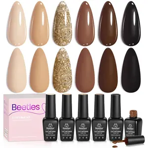 Beetles Fall Brown Gel Polish Set - 6 Colors Nude Brown Neutral Beige Khaki Glitter Gold Gel Nail Polish Collection Uv Gel Nail Art Manicure Matte Chocolate Long Lasting 28 Days Easy Application Gift Set