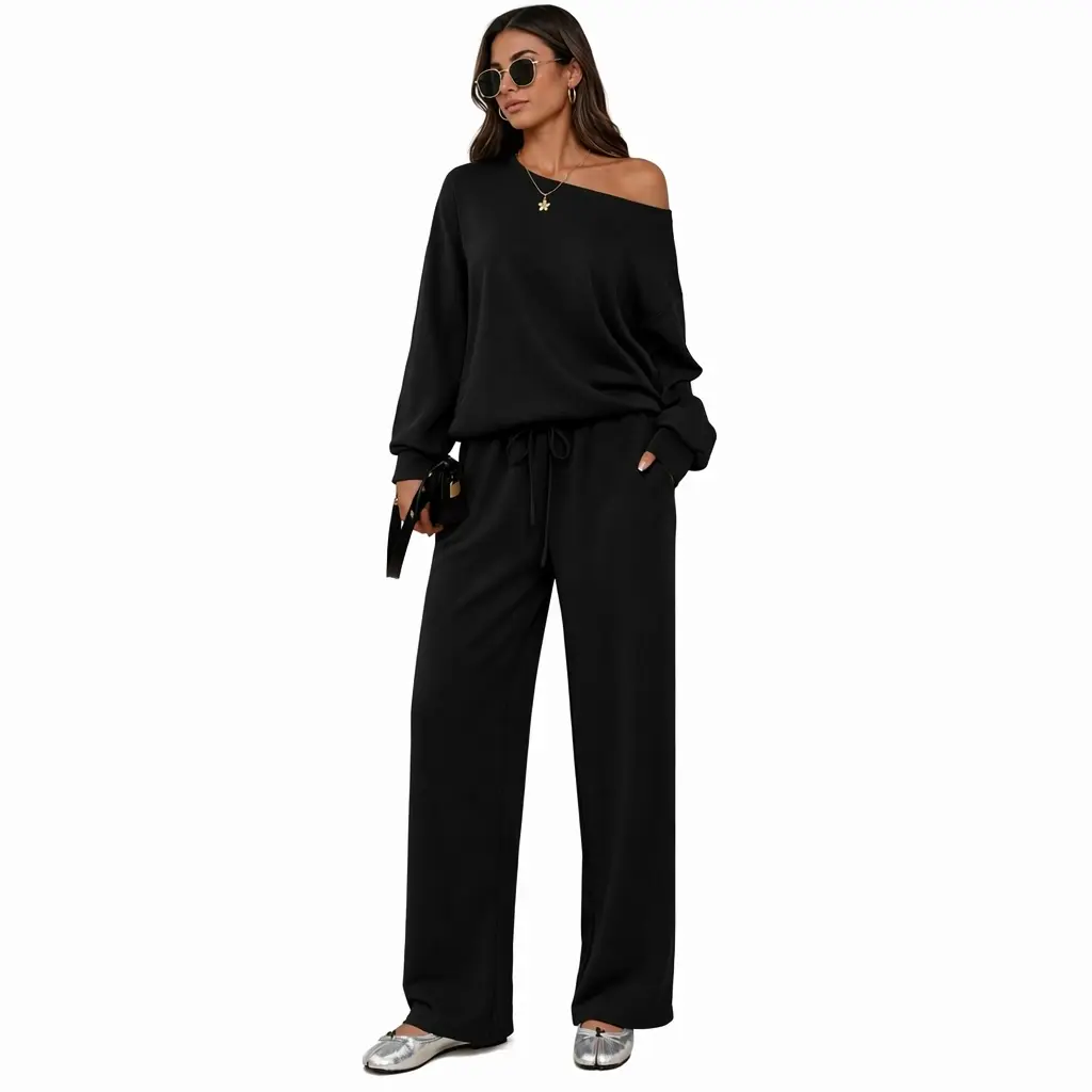 2026 Autumn Women's Leisure Solid Color Sloping Shoulder Long Sleeve Top & Wide Leg Trousers Co-ord Set & Separates, Minimalist Scoop Neck Loose Outfits, Casual Womenswear, Silky, Classy, Soft, Style, Spandex, viscose, Loose Fit, Women 2 Piece Sets, Plain