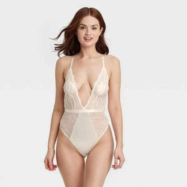 Women's Unlined Lace Lingerie Bodysuit - Auden Cream M Adjustable Cotton