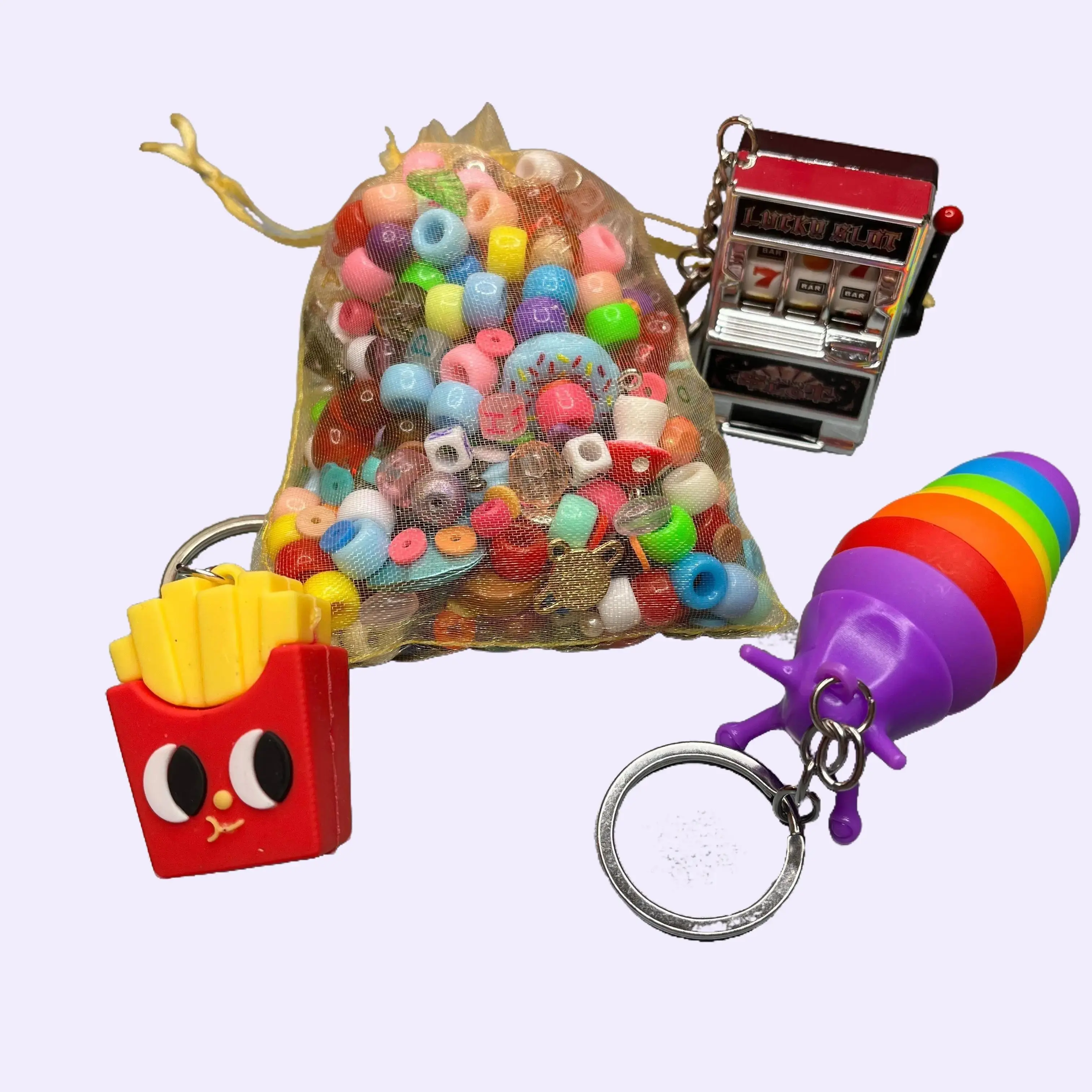 Jumbo Kandi Kluster- 2 bags of beads & charms and 8 or more keychains! pony beads, charms, clay beads, glass beads, wooden beads, food charms metal beads and more! cute keychain
