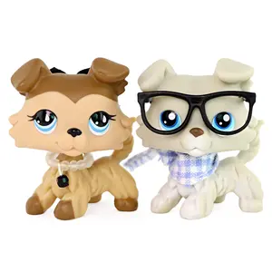 2 Pack Fluffy Collie Puppy Mini Figurines, Hand Painted Big Blue Eye Dog Collectible Figures, Vinyl Pet Doll Playset with Glasses & Beaded Collar Accessories, Pretend Play Toy, Kids Birthday Party Gift for Ages 4+
