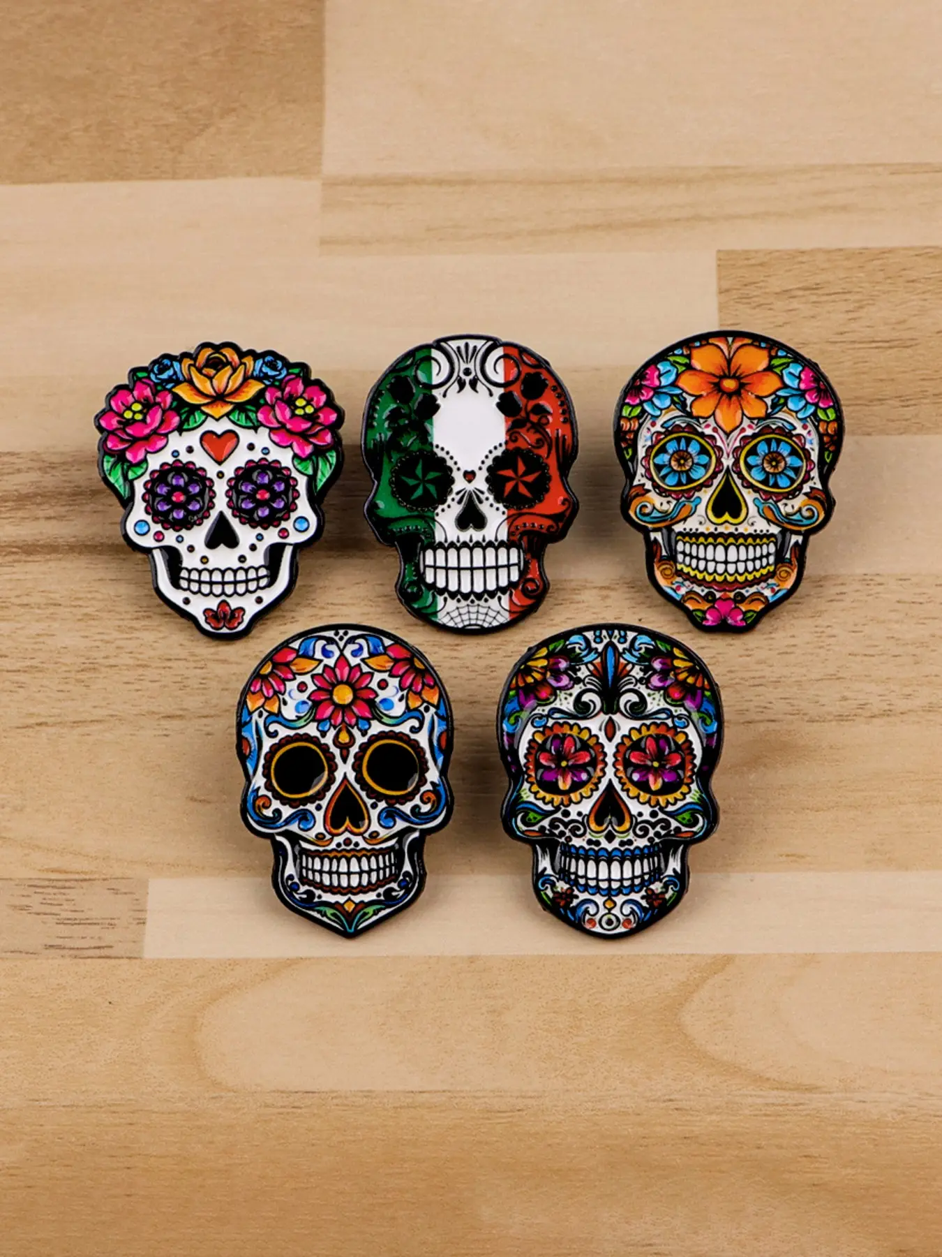 5pcs/Set Mexican Horror Skull Metal Pins, Vintage Punk Style Badges, Fashion Collectible Pins for Bags, Clothes, Hats, Halloween Party Gift, Enamel Lapel Pins