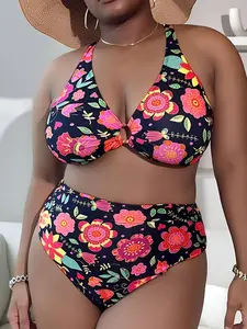 Plus Size Casual Bikini Swimwear Set, Swim Top Set, Comfortable H Type Design, Ditsy Floral Pattern, Regular Length for Summer Fun, Tropical Print Bikinis, High Waist Swimsuit, Flower Print Bikini