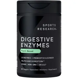 Sports Research Digestive Enzymes with Probiotics & Ginger - Plant Based - Non-GMO Verified & Vegan Certified - 90 Veggie Capsules