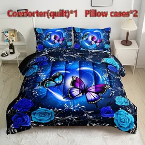 Heart Butterfly Floral Quilt Set (1 Quilt + 2 Pillowcases), U-Shaped Stitching, Soft Breathable, High-Definition Digital Print