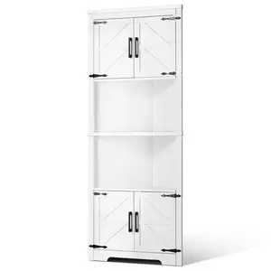68-Inch Tall Corner Storage Cabinet With 6 Shelves, Farmhouse Freestanding Corner Cabinet Featuring Four Wooden Doors, Adjustable Shelves, Ideal for Living Room, Kitchen, Laundry Room, White