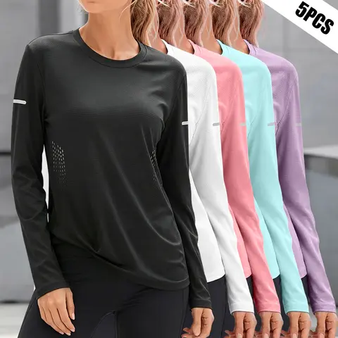 Pack of 5 women’s long-sleeve T-shirts, suitable for home workouts, outdoor sports, hiking, shopping, and everyday wear.