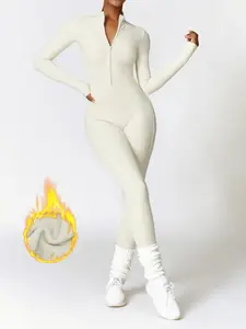 Women's Solid Zip Up Skiing Jumpsuit, Casual Sporty Long Sleeve Jumpsuit for Skiing Cycling, Ladies Sportswear for Fall & Winter