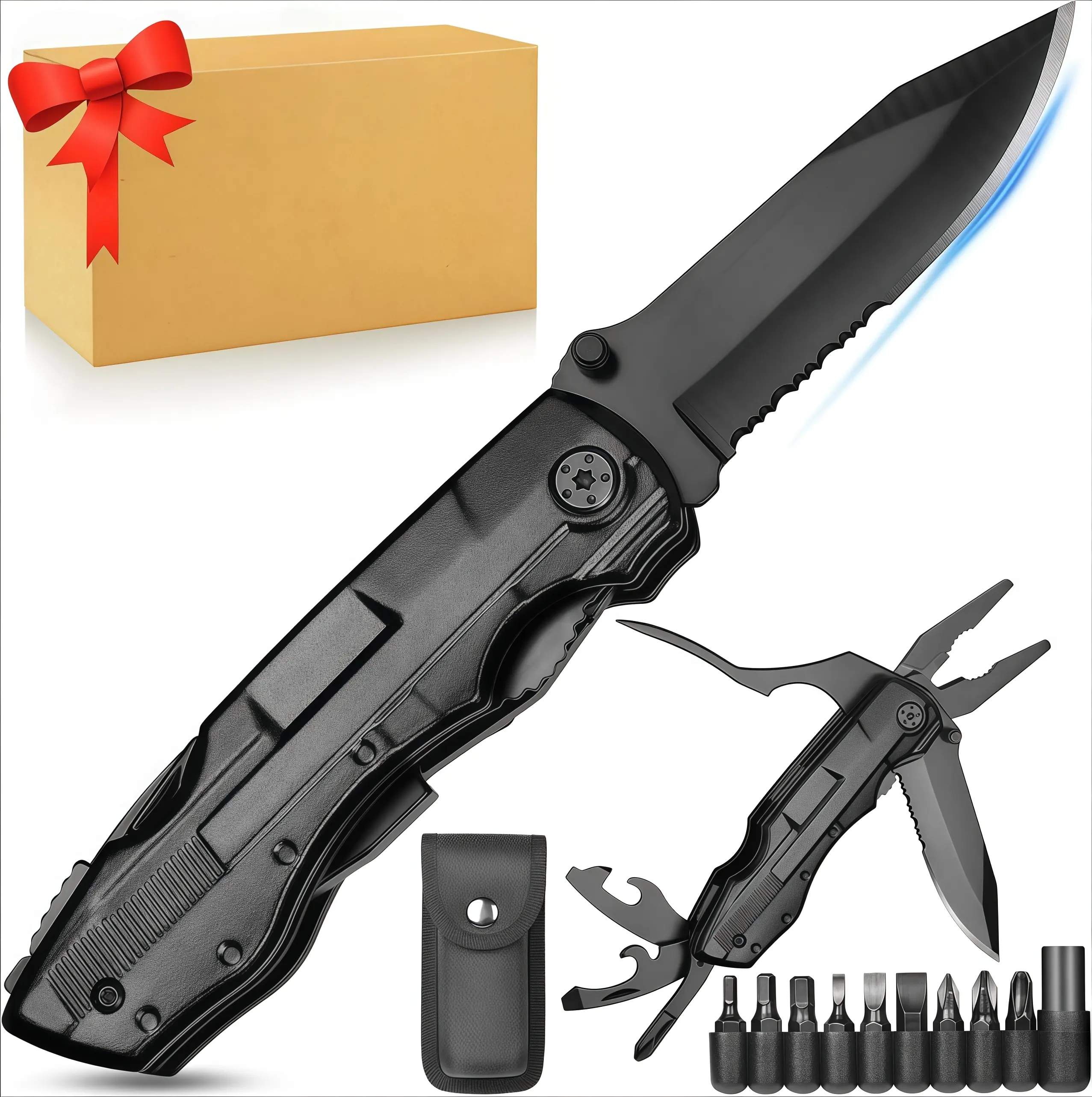 Gifts for Men Multitool Folding Pocket Knife, Stainless Steel Utility Blade, Ideal Stocking Stuffer, Birthday Father's Day Valentine's Day Present for Dad Husband Him, Portable Multi Tool for Camping Outdoor Emergency Survival Use