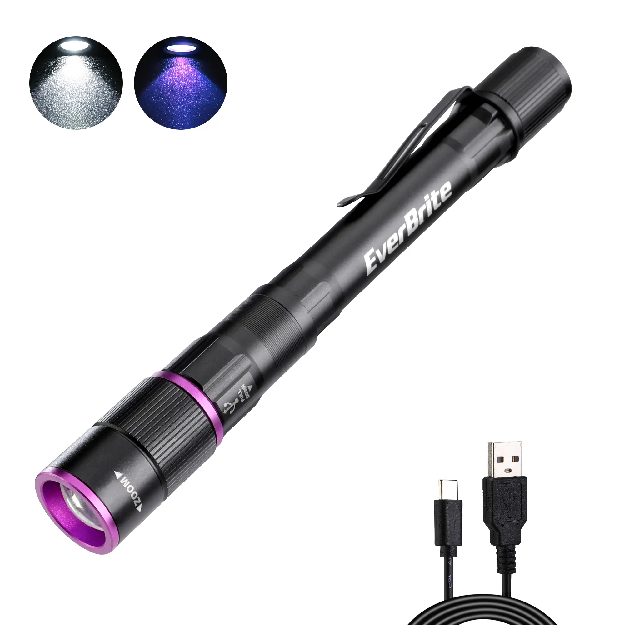 #fathersdaygift EverBrite Rechargeable Pen Flashlight with UV Light and White Light, 395nm Black Flashlight with Clip, Zoomable 4 Modes with Memory Function, USB C Cable, for Camping, Emergency, Pet Urine Detection