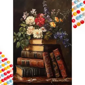 5D DIY Full Drill Method Round Diamond Art Painting Kit, Floral Artificial Book Mosaic Canvas Art, Home Wall Decor Gift for Birthday, Anniversary