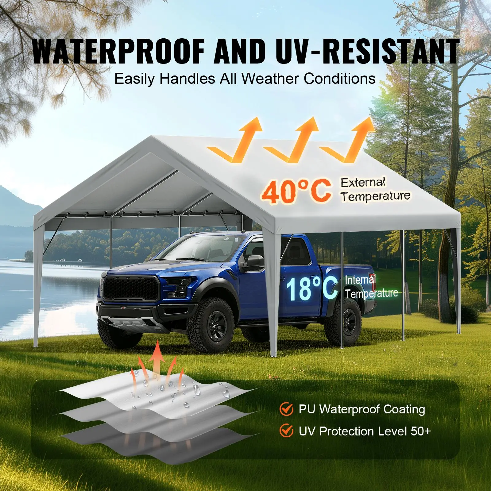 VEVOR 13x20 ft Carport Replacement Top Cover (Frame Not Included) - Deformation-Resistant, Waterproof, UPF 50+ Sun Protection, Tool-Free Ball Bungee Install, UPF 50+ Parasols Canopies & Shade, Weather Resistant Parasols Canopies & Shade for Weddings