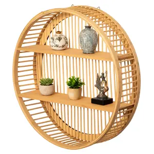 Vintiquewise QI004514.L Large Round Light Natural Bamboo Wall Shelf with 2 Wooden Tiers, Minimalist Decorative Mount Floating Shelves for Home Room Decoration