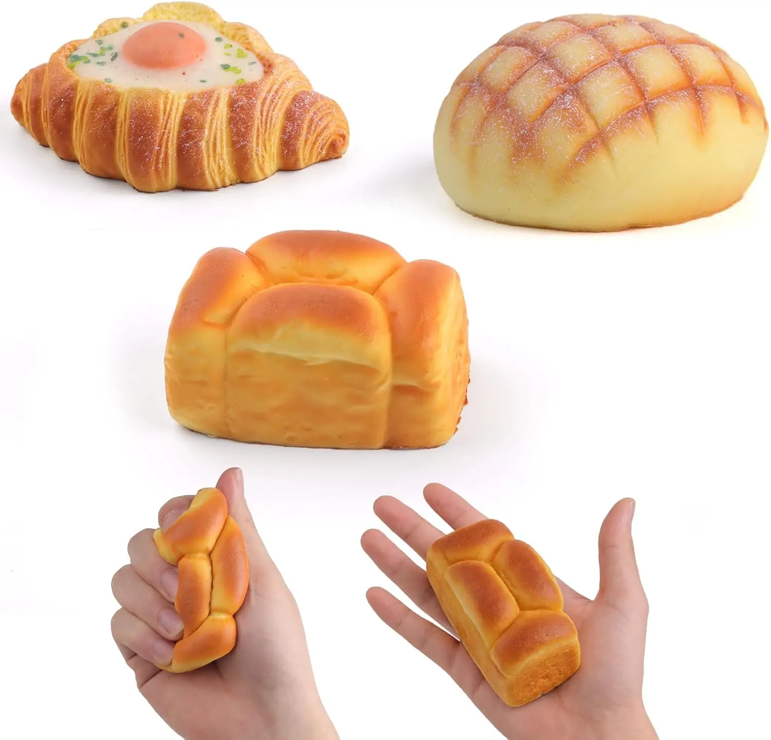 Anboor 3-Pcs Food-Themed Squishies Toys Set, Slow Rising Stress Relief Fidget Toys, Soft Scented Realistic Croissant Bread & Pineapple Pie, Palmfull Squeeze Gift for 3-4 Years Old Kids