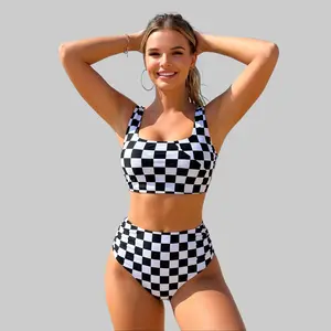 Viral Checkered Print High Waisted Bikini Set, Square Neck 2-Piece Tummy Control Swimsuit, Retro Black & White Chessboard Bathing Suit, Sizes S-XL, Summer Beach Essential