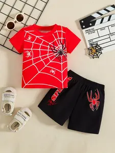 Baby Boy Spider-Man Theme Short Sleeve Shorts Set, Web Print T-Shirt & Spider Print Shorts, Breathable Fabric, 0-3 Years