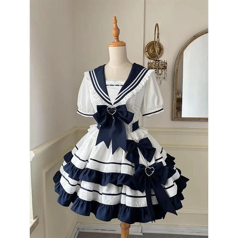 2026 New Sailor Lolita Dress, Navy & White Tiered Cake Puff Mini Dress JK Style