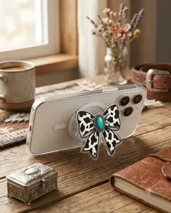 Girly Cow Print Bow MagSafe Phone Grip - Cute Pop Socket & Kickstand - Aesthetic Phone Accessory for Women