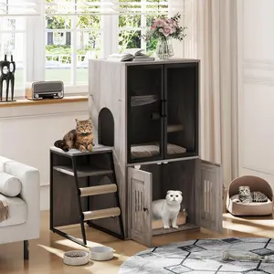 Cat Litter Box Enclosure Furniture with Double Layer, Doors & Ladder, 2-in-1 Hidden Litter Box Furniture & Lounge Villa with Storage Shelf for Indoor Cats, Cat House Cabinet for Living Room, Grey