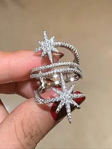 Women's Elegant Copper Inlaid Zircon Statement Ring, Elegant Glittering Ring, Geometric Starburst Design, Fashion Jewelry for Parties & Weddings, Sparkling Artificial Gemstone Accessory