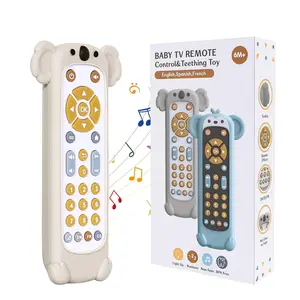 Baby Remote Control Toy  6 Month+ with Silicone Teether Cover, TV Remote Toy with Realistic Light and Sound - English, French and Spanish  Infant Play Remote Musical Toys, BPA Free, White