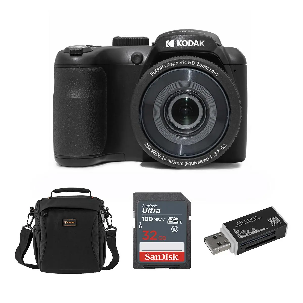 Kodak PIXPRO AZ255-BK Point & Shoot Digital Camera - 16MP, 25X Optical Zoom, 24mm Wide Angle Lens, Optical Image Stabilization, 1080P Full HD Video, 3" LCD, Button-Control Vlogging Camera with Bag, 32GB SD Card, Card Reader