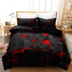 3pcs 3D Energy Block Geometric Cube Design Black + Red Grid Digital Print Duvet Cover Set, Suitable For Bedrooms And Guest Rooms. Soft And Comfortable Duvet Cover,Christmas Gift For Family And Friends Bedroom Bedding Set