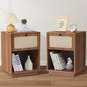 Giratree Mid Century Night Stand Set of 2, Modern Nightstand with Drawer & Curved Linen Panel, Farmhouse End Table Wood Bedside Table Small Side Tables for Small Space, Bedroom