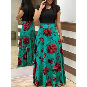 Printed Splicing Crew Neck Dress - Elegant Short Sleeve Slim Waist Pleated Maxi Dress - Polyester - For Women - Suitable for Parties, Weddings & Formal Occasions - Perfect Gift for Her  party holiday wedding