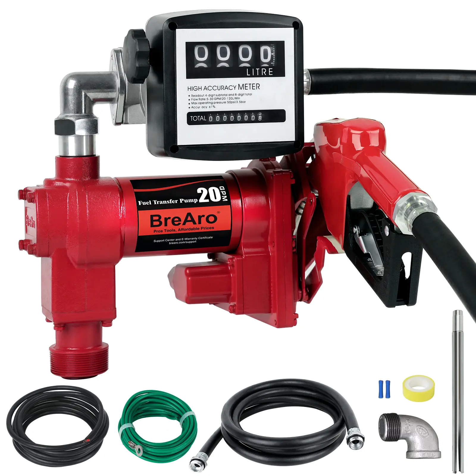 12V DC 20 GPM Rapid Fuel Transfer Pump with Automatic Shut-Off Nozzle Kit, Flow Mtr & Red Housing – for Gasoline, Diesel, Kerosene & Carburetor Lawn Mower Commercial Fueling (Tools & Hardware)