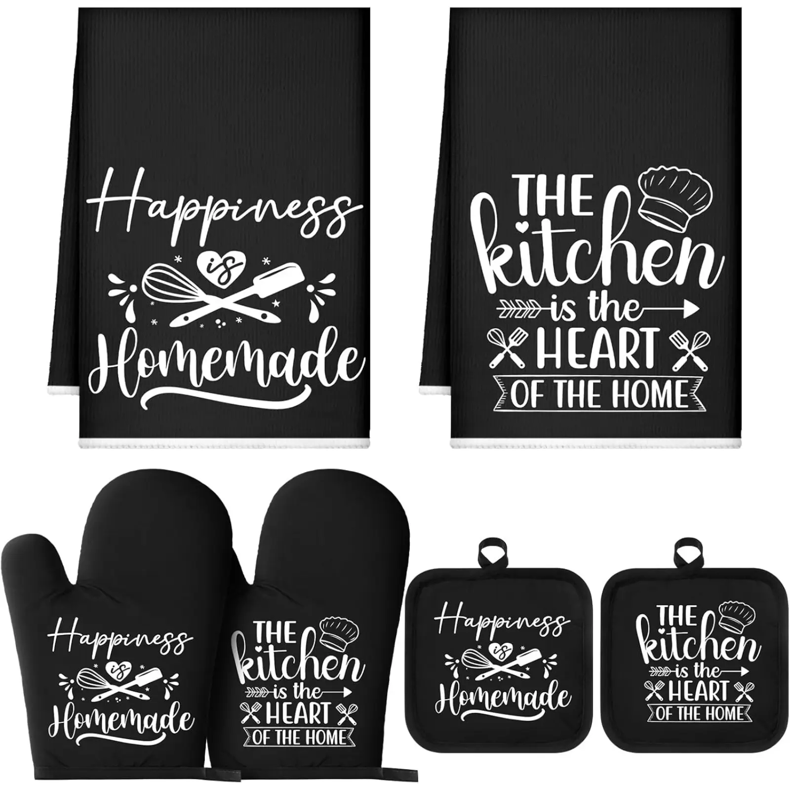6 Pcs Kitchen Decor Accessories Set Farmhouse Towels Pot Holders Oven Mitts Set 2 Dish Towels 2 Potholders 2 Cooking Mittens Oven Glove for Christmas Baking Cooking Supply(Black,Kitchen, Waterproof