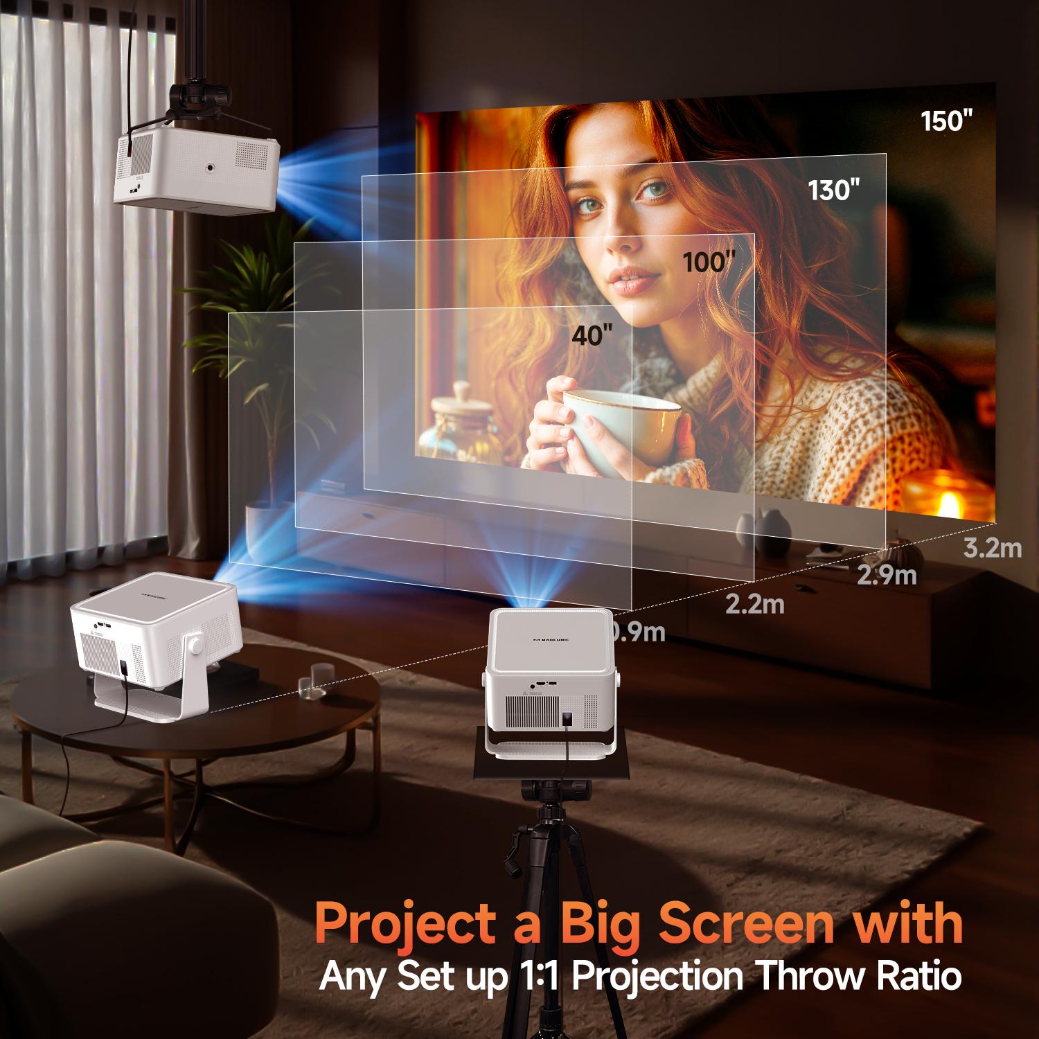Magcubic HY450MAX 1100ANSI Projector 8K Decode Auto Focus 12W Speaker HDR10+ Android 14.0 Dual WiFi6 BT5.4 Fully Automatic Keystone 1.0:1 Throw Ratio Screen Recognize & Automatic Obstacle Avoidance Home Cinema, Movienight
