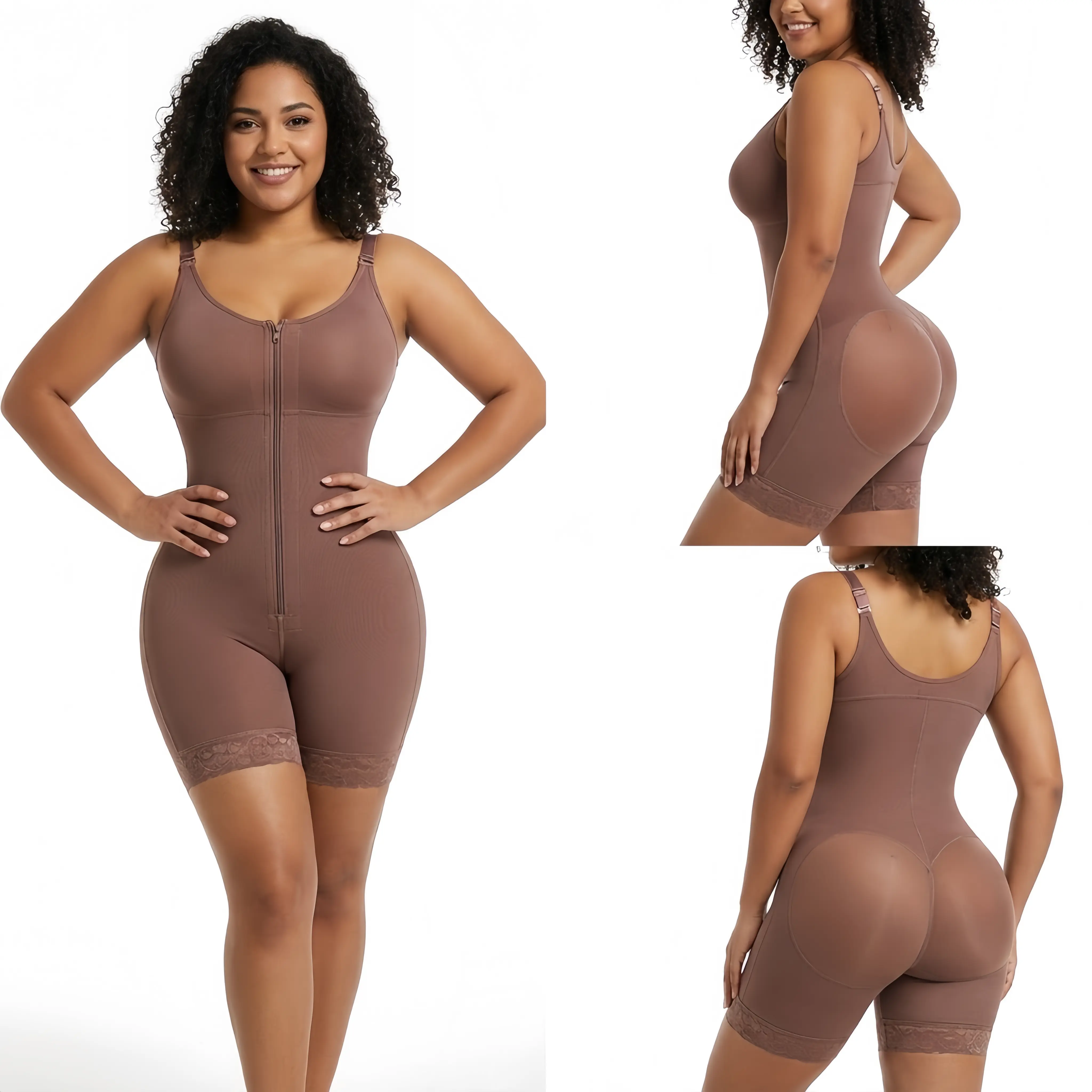 Women's Solid Colombian Fajas Compression Fit Shapewear Bodysuit - Tummy Control, Butt Lifter, Detachable Straps, Basic Girdle