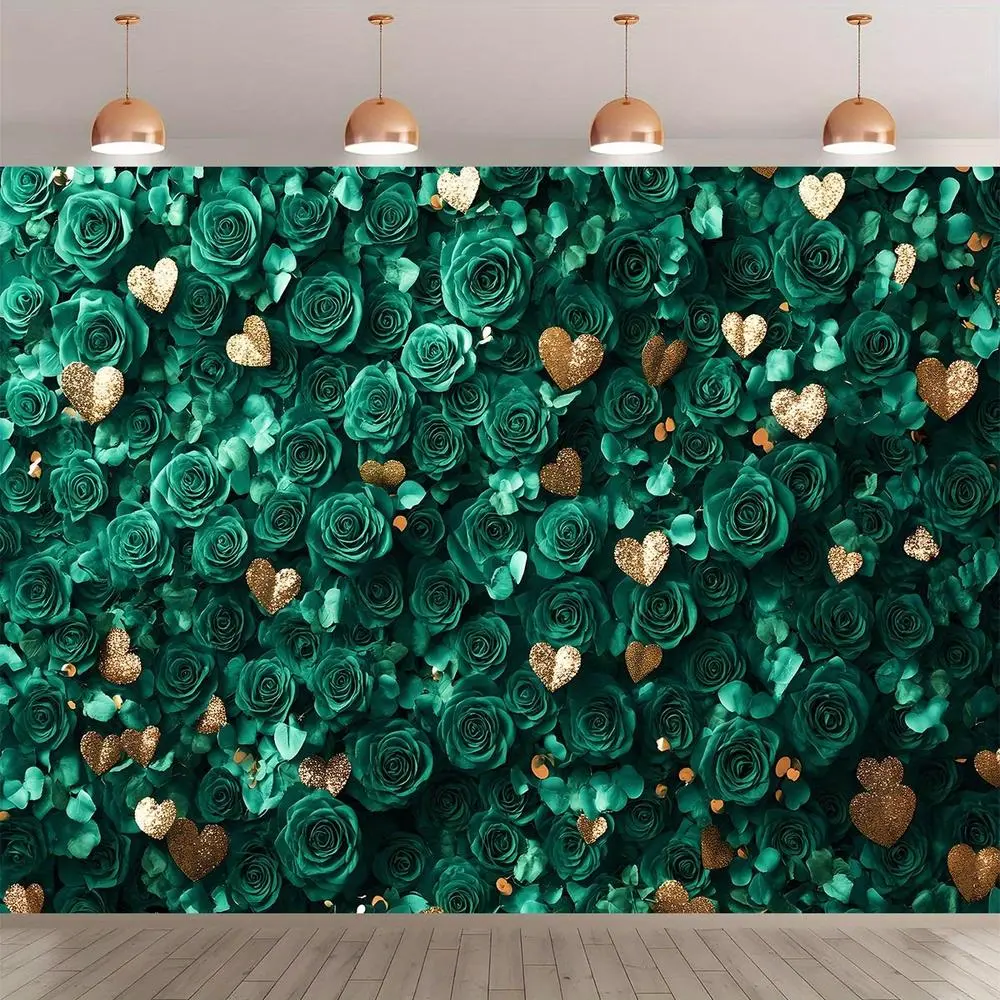 1pc Glam Polyester Floral Design Throw - Emerald Roses & Hearts Pattern with Golden Accents, Vibrant Green & Gold, Soft Texture Soft Furnishing for Weddings, Home Decor, Wedding