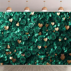 1pc Luxury Printed Throw - Polyester Emerald Roses with Golden Hearts Backdrop Banner, Vibrant Green & Golden Design, Ideal for Weddings, Home Decor Textile Soft Furnishing, Luxury Printed Throws