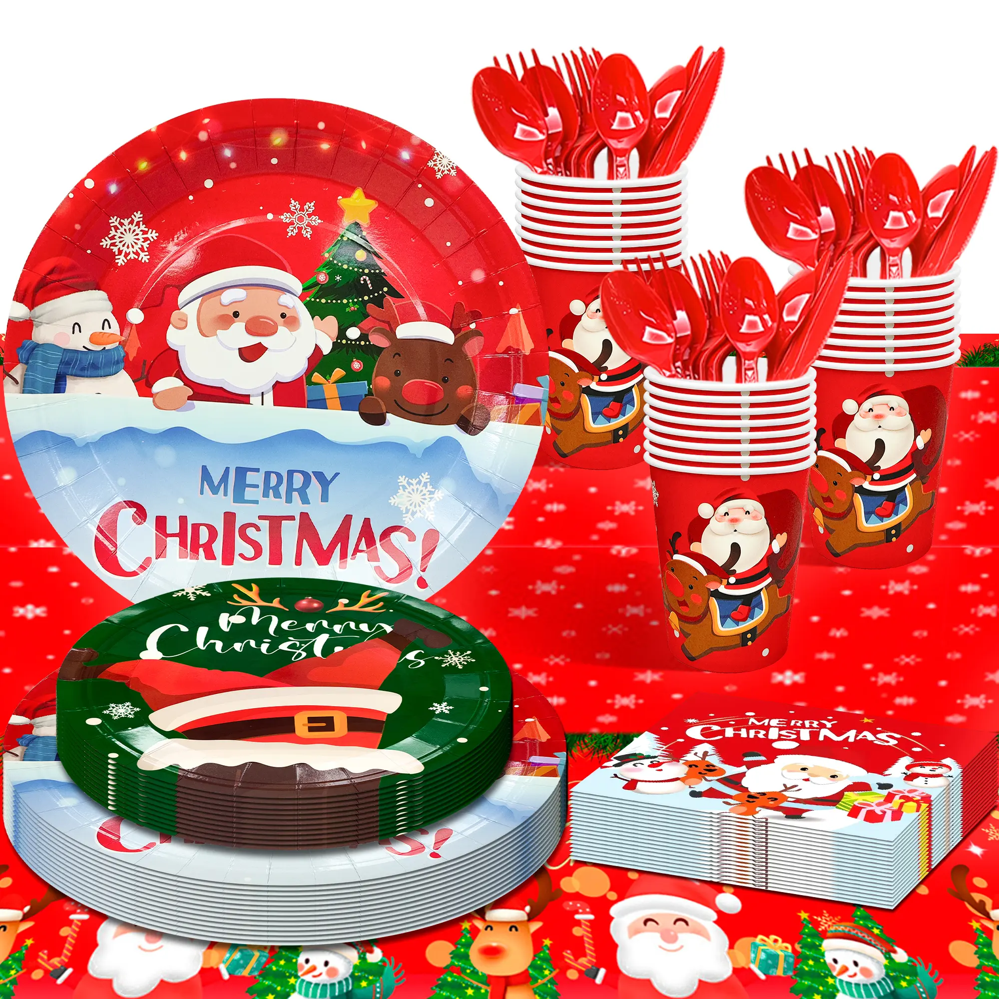 Christmas Tableware,113pcs Christmas Party Tableware Set Including Christmas Paper Plates and Napkins Cups& Christmas Tablecloth etc Xmas Party Tableware for Boys/Girls Christmas Party Supplies