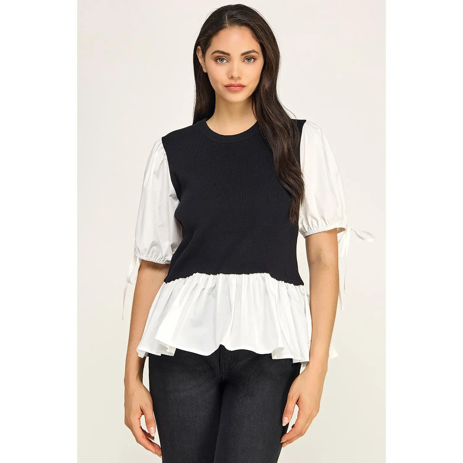 Contrast Puff Sleeve Peplum Knit Top – Two-Piece Look for Women