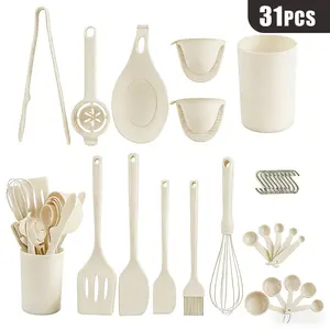 【Best Mother's Day Gifts】XBJ 31-Piece Complete Chef Kitchen Cooking Utensils Set - Non-Stick Silicone Spatula Set with Wooden Handle and Holder, Kitchen Tool for Nonstick Cookware
