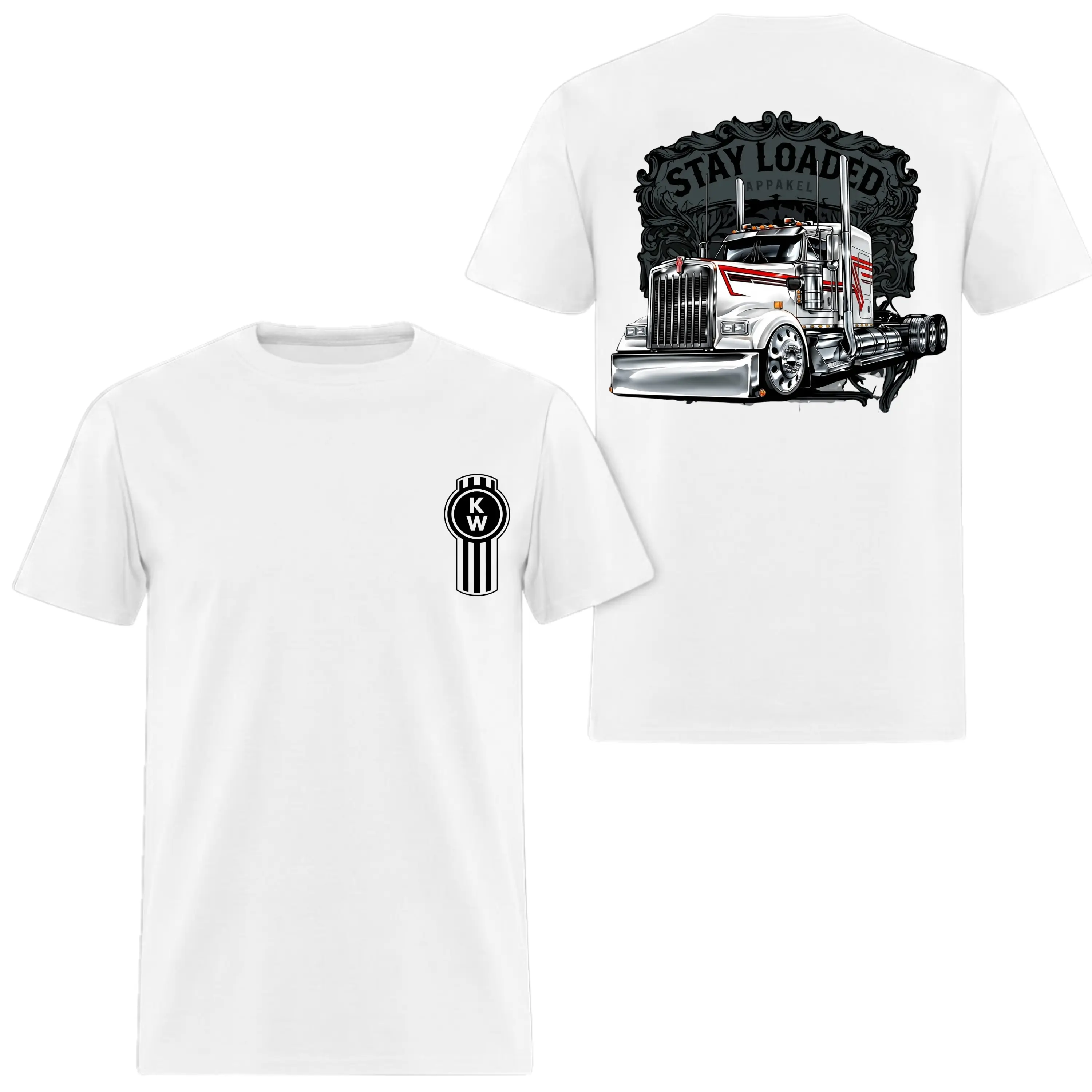 Stay Loaded Kenworth Semi Truck Short-Sleeve Casual Round Neck Top, Double-Side Print KW Logo Big Rig Graphic Tee