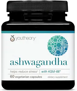 Youtheory Ashwagandha - with Organic KSM-66 Ashwagandha - Herbal Blend to Support Stress Relief & Energy Levels* - Helps Support Mood* - 60 Vegetarian Capsules (30-Day Supply)