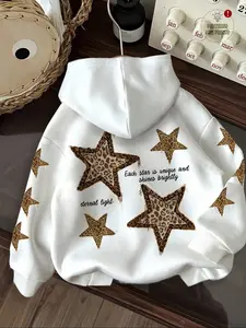 Women's Casual Adjustable Drawstring Hoodie Sweatshirts with Pockets, Leopard Star Print, Breathable and Comfortable, Fall & Winter Essential Top