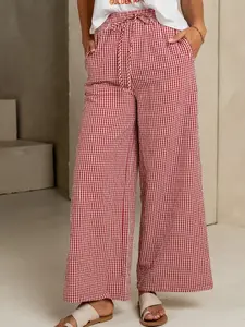 Women’s plaid wide-leg pants, casual loose straight fit, drawstring waist, pockets, home sleepwear, loungewear, spring and fall fashion