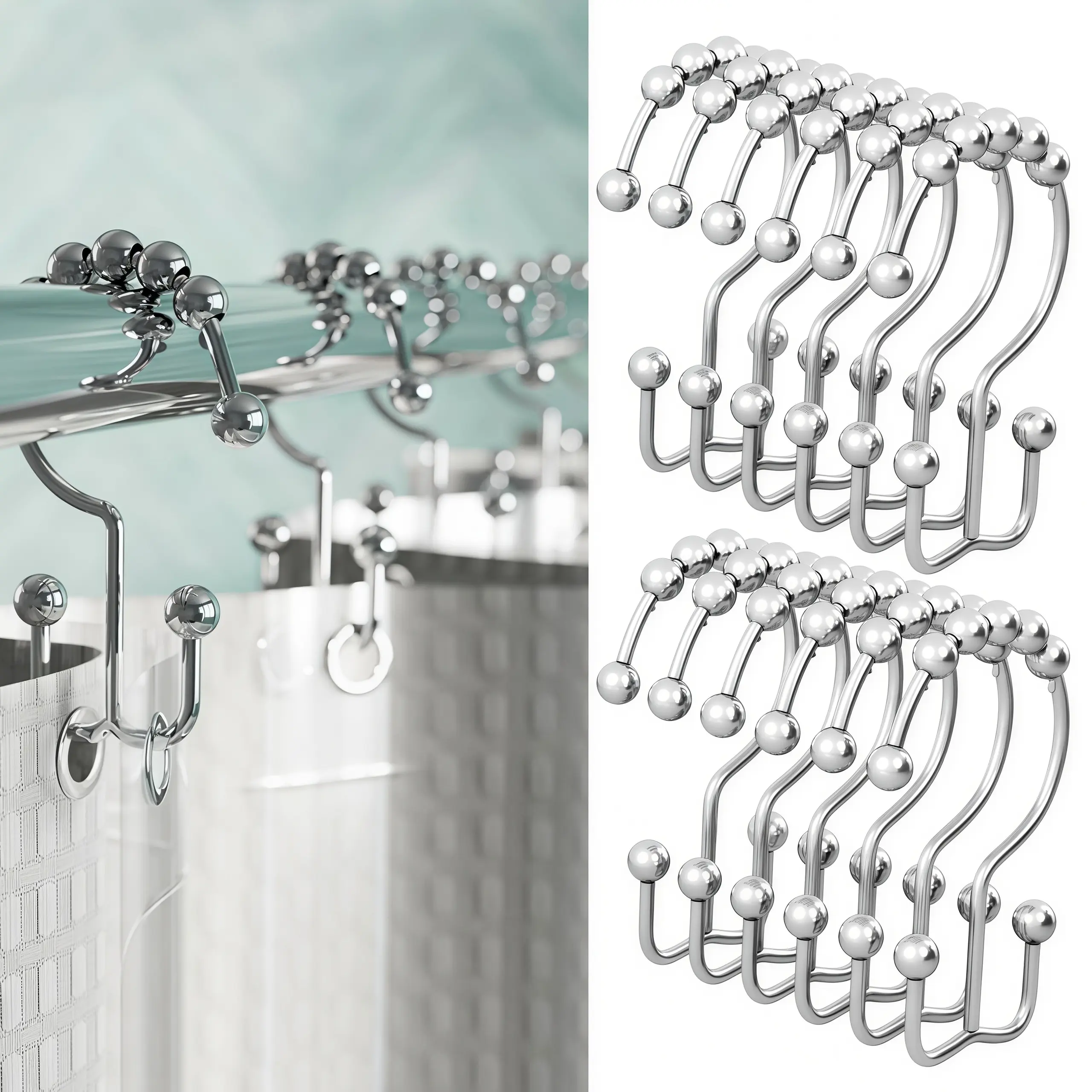 LMMAKE 12PCS Electroplated Polished Metal 304 Stainless Steel Shower Curtain Hooks, Rust-Resistant Double Glide Rings, Elegant Design Ball Tip Decorative Hooks for Smooth Movement, Prevents Scratches
