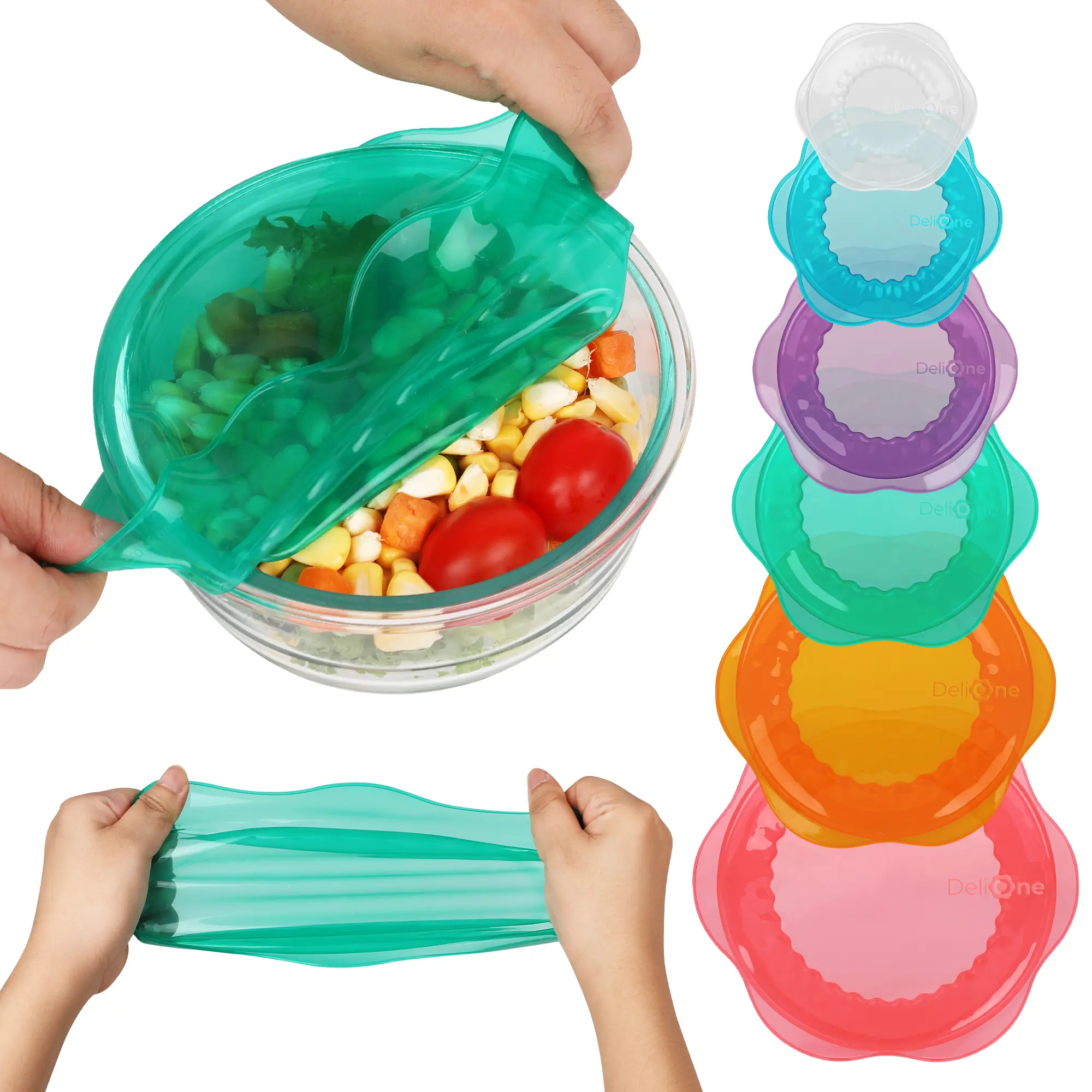 CuLiDing 6PCS Assorted Foldable Flexible Reusable Silicone Lids - Kitchen Food Storage Lids for Beverage Cans, Bowls, Square Containers, Fridge & Microwave Safe, Maintains Freshness, Foldable Silicone Lids, Maintains Freshness Lids
