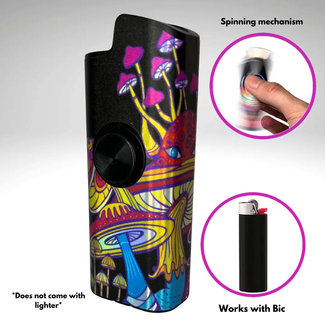 FLKR LYTR Large Mushroom Fidget Spinning Lighter Case - BIC-Compatible, High-Quality Polypropylene Body for Durability, Elegant Designs, Home Supplies Lighter Accessory