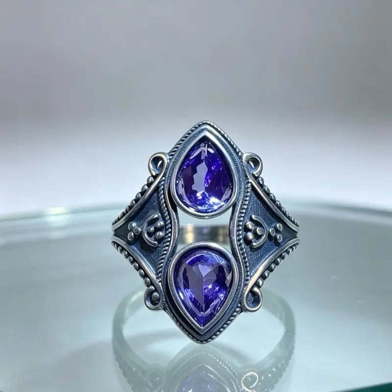 <PingEast Jewelry>tanzanite ring -1ct Tanzanite Double Pear Ring | 925 Silver | Vintage Elegant Design